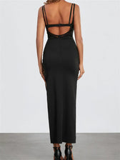 Sexy Women Summer Slim Sleeveless Lace Patchwork Low Cut Cutout Side High Split Summer Party Vestido
