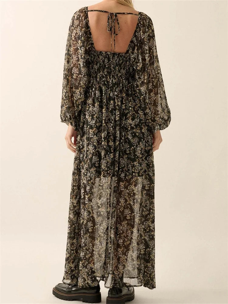 Vintage Women Bohemian Floral Print Summer Sleeve V Neck High Waist Chiffon Flowy Vestidos