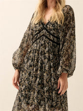 Vintage Women Bohemian Floral Print Summer Sleeve V Neck High Waist Chiffon Flowy Vestidos