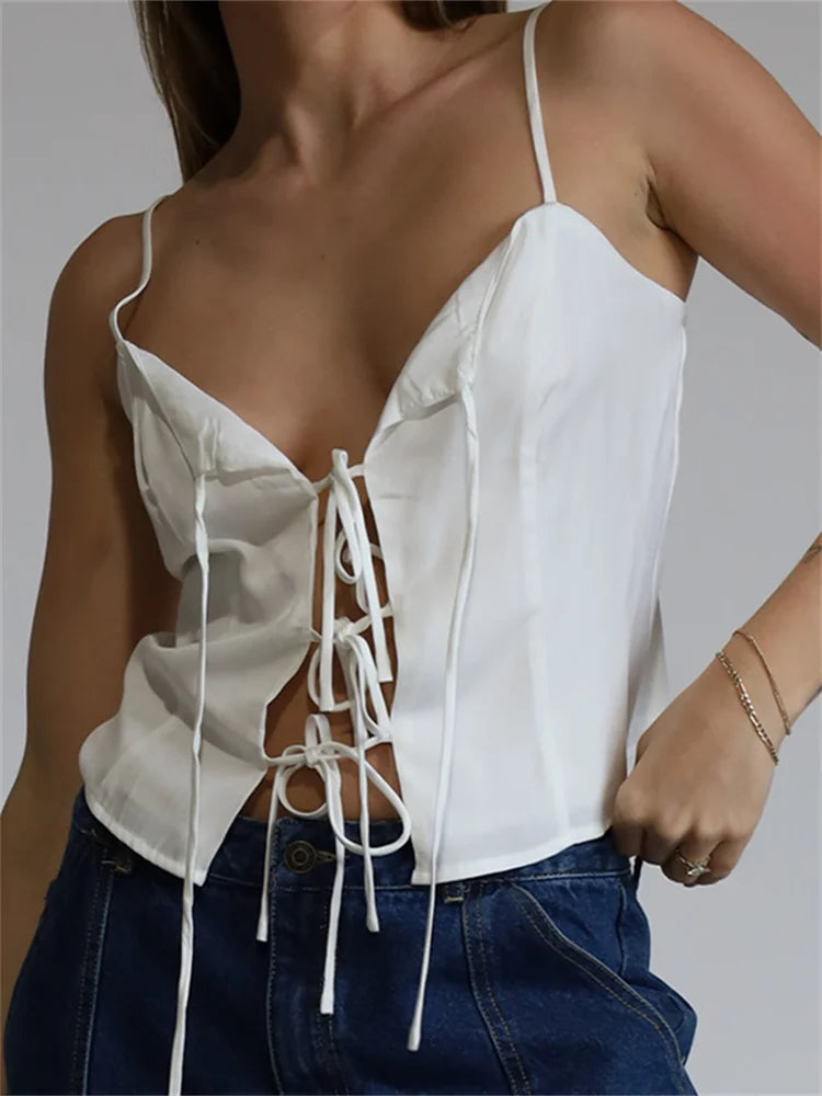 Vintage Women Front Split Tieup Fashion Sleeveless Strap V Neck Summer Party Low Cut Mini Vest Club Crop Top