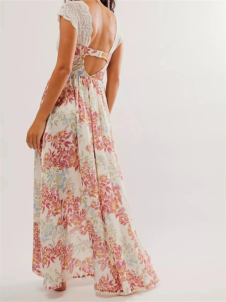 Vintage Washed Backless Lace Floral Dress