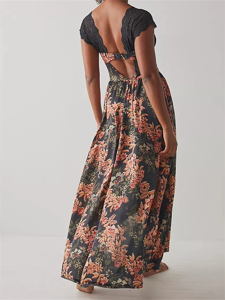 Vintage Washed Backless Lace Floral Dress