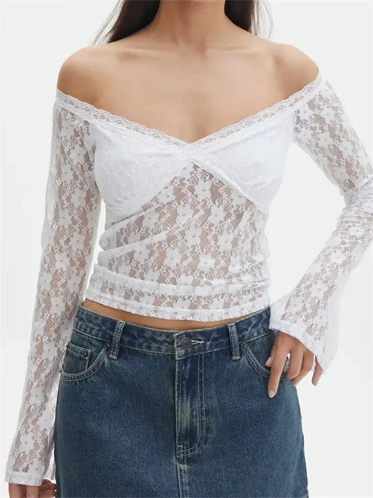 Vintage Lace Crop Tops Long Sleeve Off-Shoulder Casual Pullovers T-Shirts White / S