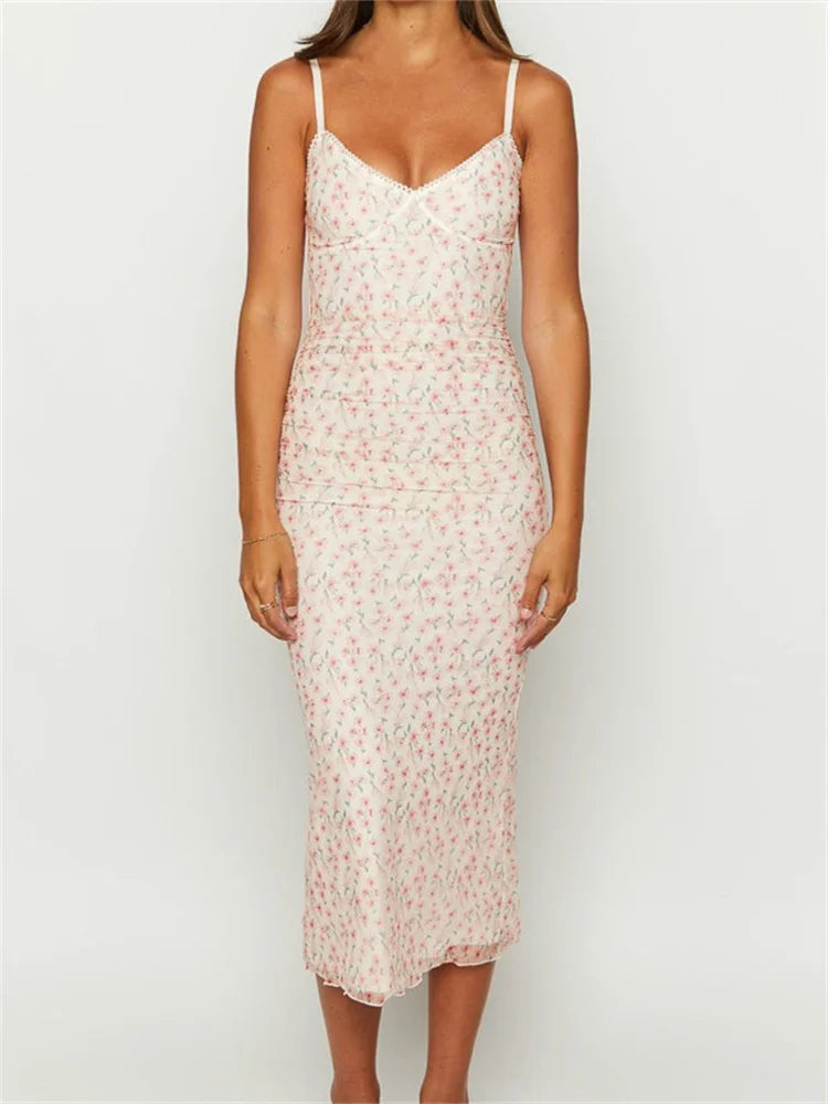 Vintage Floral Print Sleeveless Strap Summer Slim Fit VNeck Midi Dress