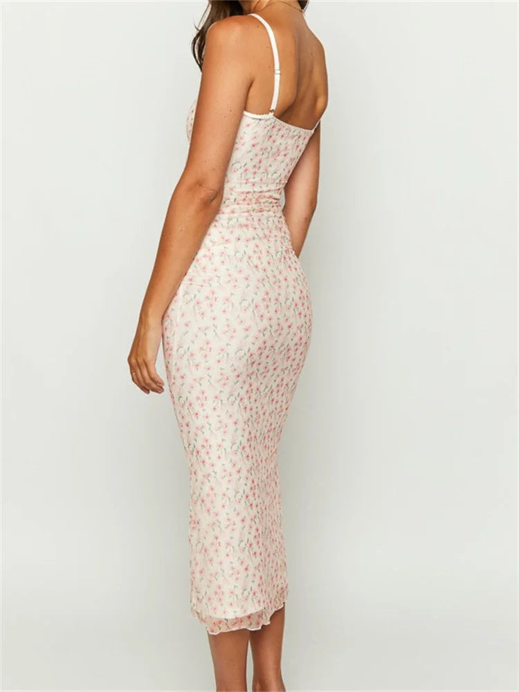 Vintage Floral Print Sleeveless Strap Summer Slim Fit VNeck Midi Dress