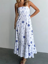 Vintage Women Summer Sleeveless Spaghetti Strap Floral Print Party Loose Casual Square Neck