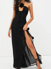 Women 3D Flowers Patchwork Halter Sleeveless Backless High Split Asymmetrical Hem Ruffles Vestidos