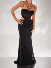 Women Black Halter Sleeveless Slim Waist Hollow Out Spaghetti Strap Evening Summer Female Vestidos