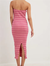 Women Bodycon Striped Strapless Off Shoulder Backless Tube Summer Split Knitted Party Vestidos