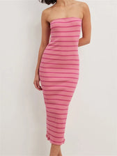 Women Bodycon Striped Strapless Off Shoulder Backless Tube Summer Split Knitted Party Vestidos