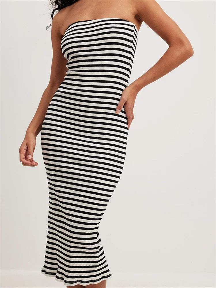 Women Bodycon Striped Strapless Off Shoulder Backless Tube Summer Split Knitted Party Vestidos