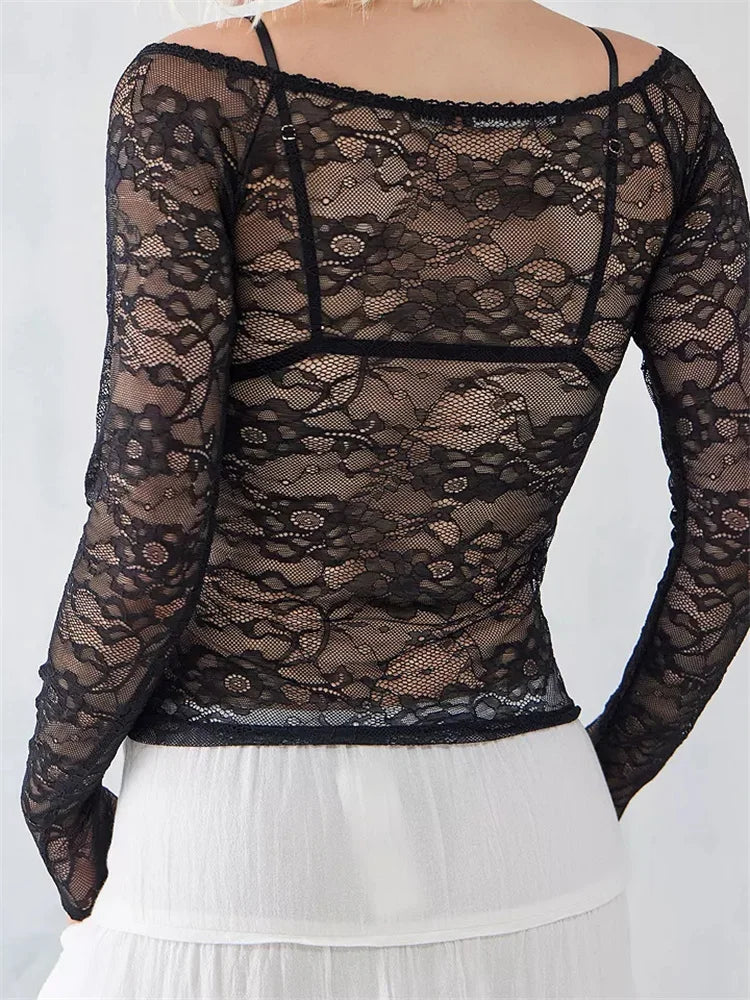 Deep V-Neck Lace Sheer Mesh Top