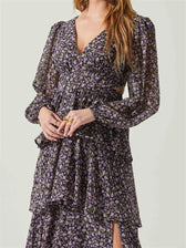 Women High Split Floral Print Puff Sleeve V Neck Layered Ruffles Hem Spring Fall Vestidos