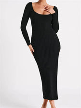 Women Knitted Bodycon Solid Color Ribbed Round Neck Sleeve Side Split Spring Fall Vestidos Black / S