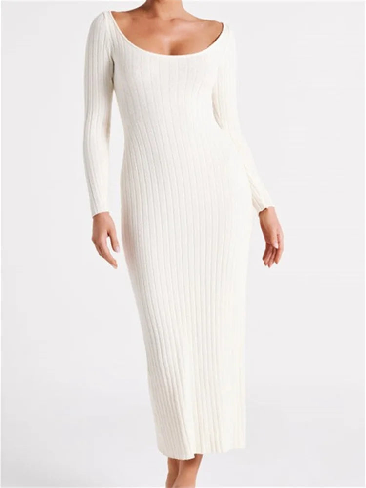Ribbed Knit Scoop Neck Long Sleeve Bodycon Midi Dress 5