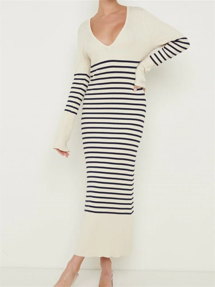 Women Knitted Sleeve Deep V Neck Striped Slim Fit Spring Autumn Female Vestidos Streetwear White / S