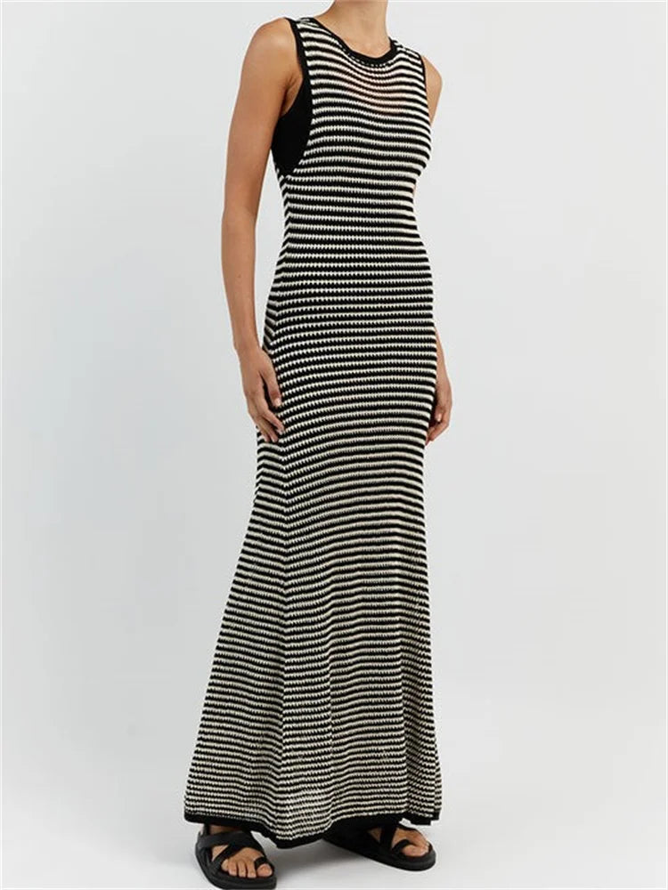 Women Knitted Sleeveless Round Neck Striped Slim Summer Club Party Female Vestidos Streetwear