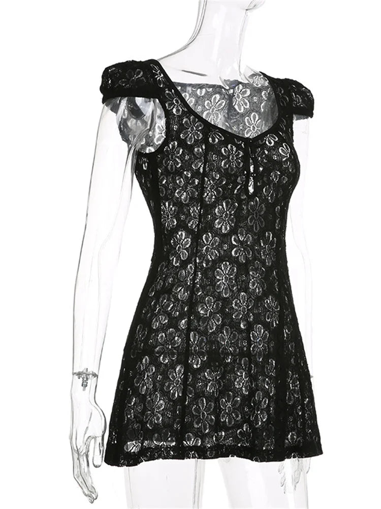 Lace Floral V-Neck A-Line Mini Dress - View 4