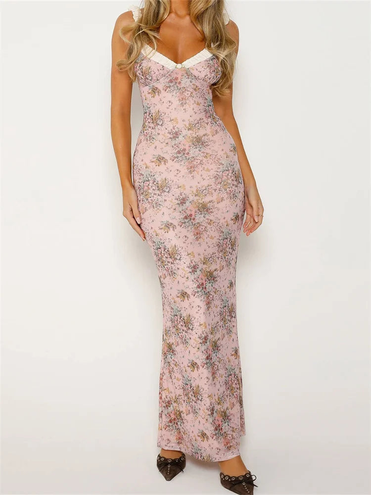 2024 Women Sleeveless V-Neck Backless Floral Print Patchwork Summer Cocktail Party Female Vestidos