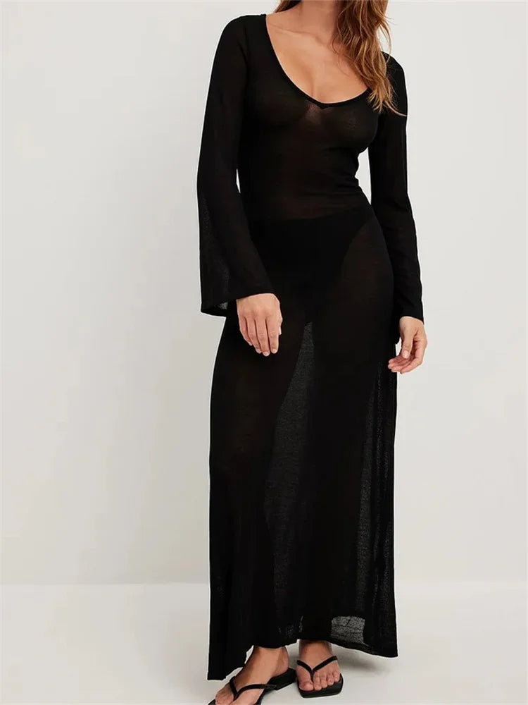 Women Vintage Sleeve V Neck See Through Slim Fit Solid Color Party Female Vestidos Streetwear Black