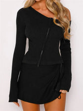 Long Sleeve Off Shoulder Front Zip Up Ribbed Knitted Cardigan T-Shirts