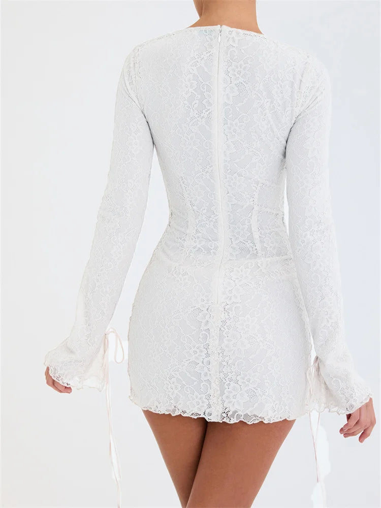 Lace Boat Neck Long Sleeve Backless Bodycon Mini Dress