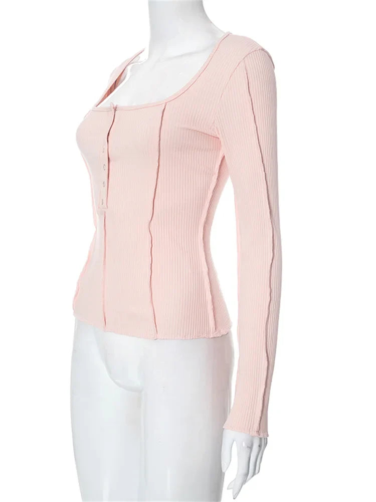 Long Sleeve Solid Color Slim Fit Ribbed Button Up T-shirts