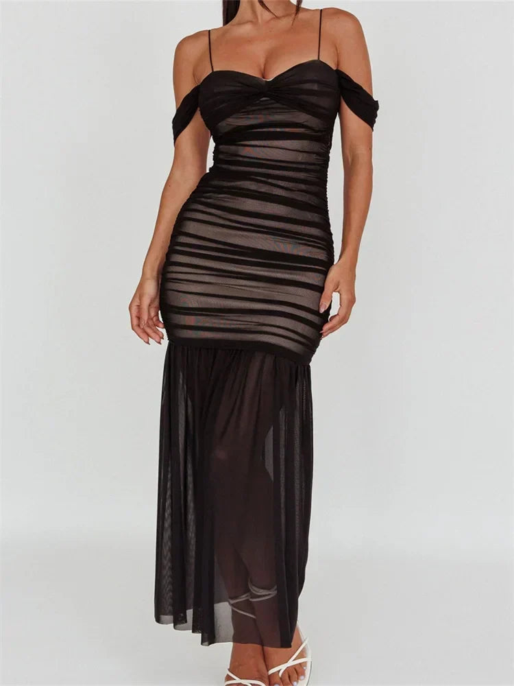 Backless Off-the-Shoulder Sheer Mesh Ruched Dress