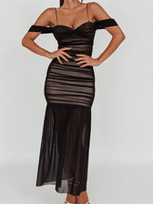 Women Mesh Sheer See Through Low Cut Off Shoulder Strap Backless Ruched Summer Party Vestidos