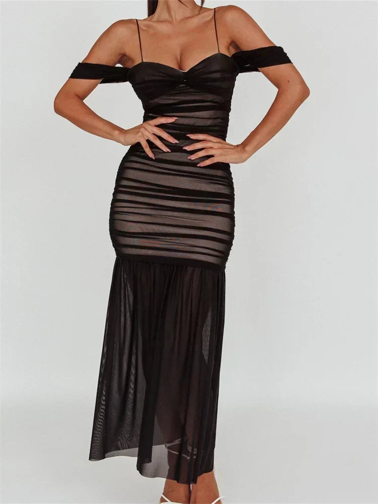 Ruched Sheer Mesh Off Shoulder Spaghetti Strap Mermaid Maxi Dress 2