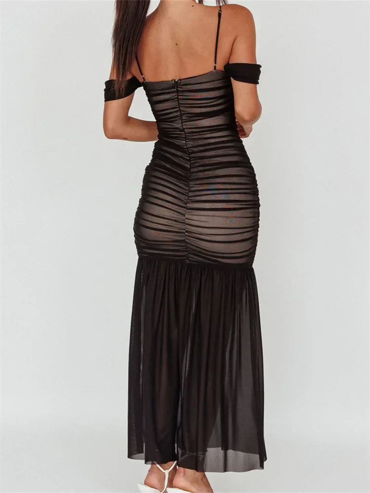 Women Mesh Sheer See Through Low Cut Off Shoulder Strap Backless Ruched Summer Party Vestidos