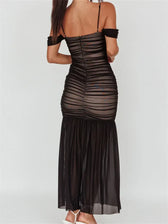 Women Mesh Sheer See Through Low Cut Off Shoulder Strap Backless Ruched Summer Party Vestidos