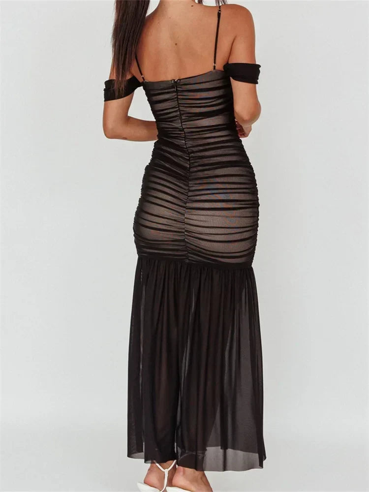 Ruched Sheer Mesh Off Shoulder Spaghetti Strap Mermaid Maxi Dress 3