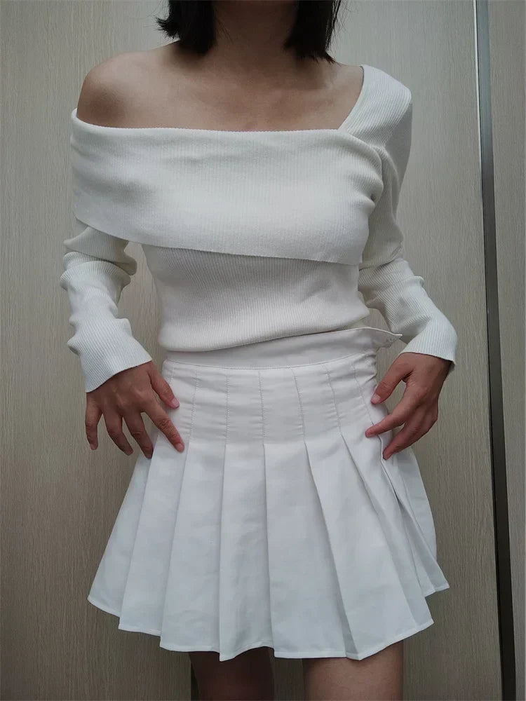 Asymmetric Fold Over Off Shoulder Ribbed Knit Long Sleeve Top 3