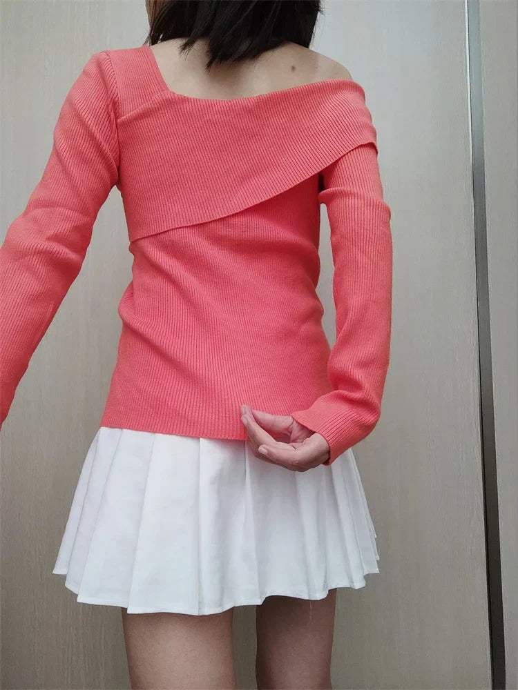 Asymmetric Fold Over Off Shoulder Ribbed Knit Long Sleeve Top 7
