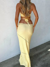 Women Sleeveless Halter Knitted Solid Color Front Cutout Backless Tie-Up Slim Beach Summer Vestidos