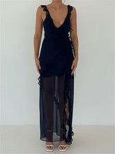 Women Sleeveless Ruffles V Neck High Split Party For Cocktail Streetwear
