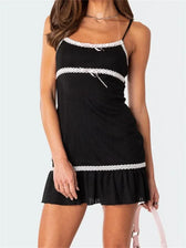 Sleeveless Spaghetti Strap Lace Patchwork Summer Party Mini Dress Black / S
