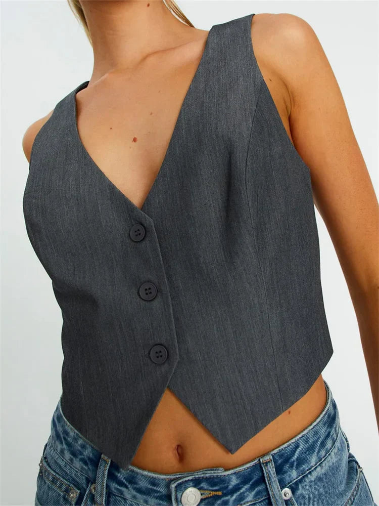 Women Sleeveless Vest Buttons Down Slim Fit Solid Color VNeck Cropped Y2K Casual Irregular Hem Streetwear Crop Top