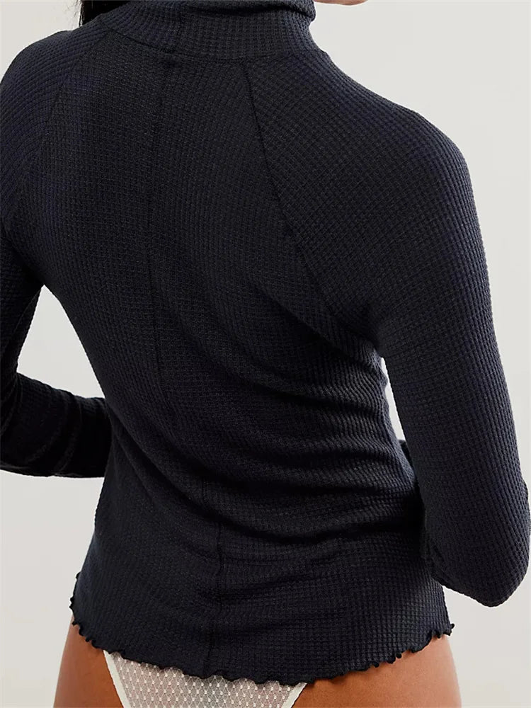 Mock Neck Long Sleeve Waffle Knit Lettuce Hem Top 2