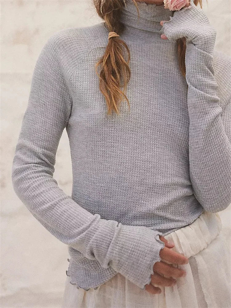 Mock Neck Long Sleeve Waffle Knit Lettuce Hem Top 4
