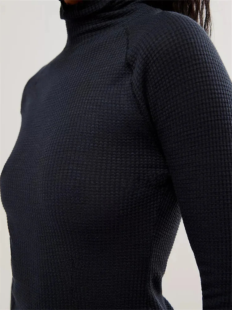 Mock Neck Long Sleeve Waffle Knit Lettuce Hem Top 3