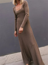 Women Fall Square Neck Sleeve Knitted Pleated Fashion Holiday Vestido