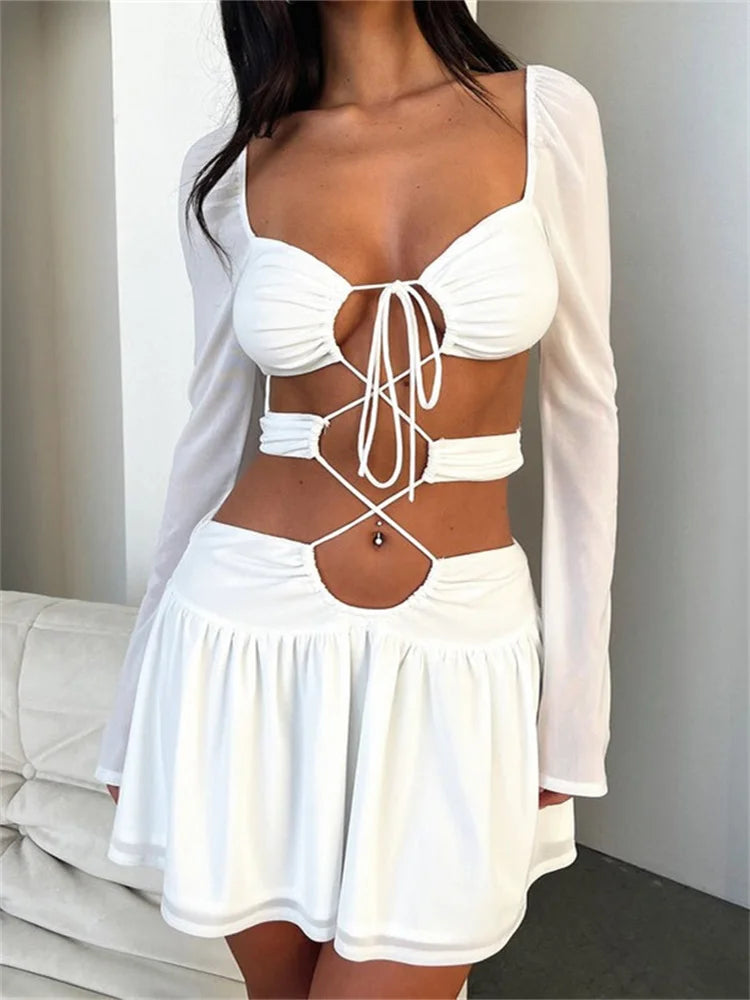 Solid CrissCross TieUp Long Sleeve Mini Dresses