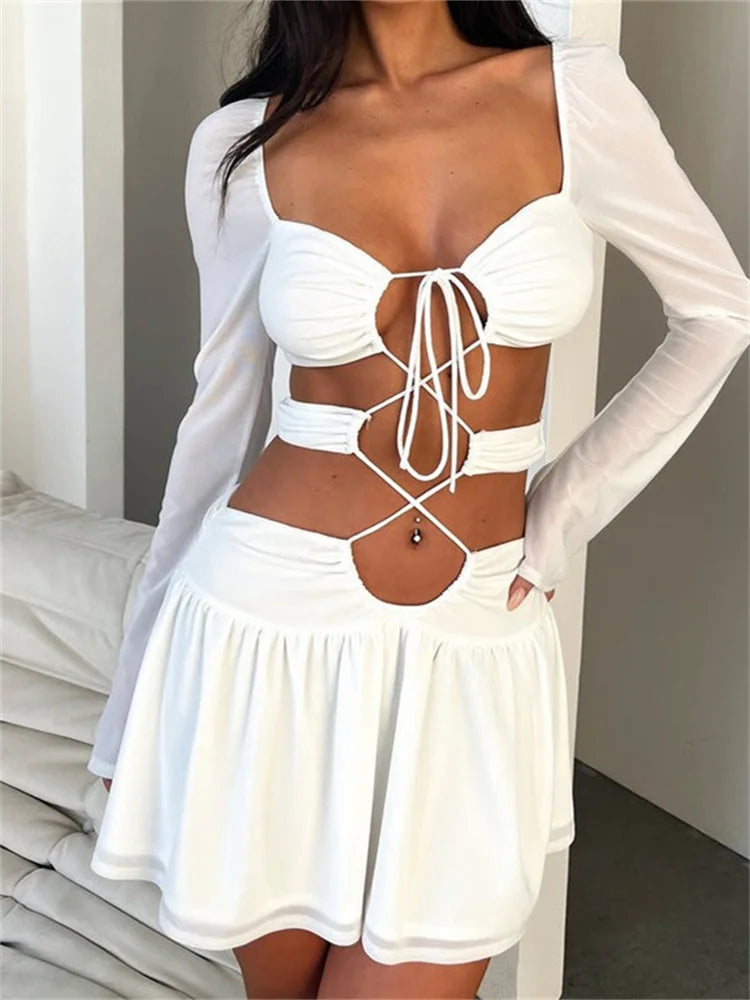 Solid CrissCross TieUp Long Sleeve Mini Dresses