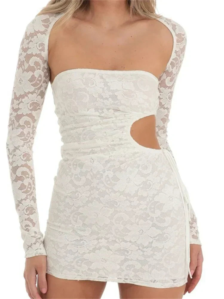 Lace Strapless Side Cut Out Long Sleeve Shrug Bodycon Mini Dress