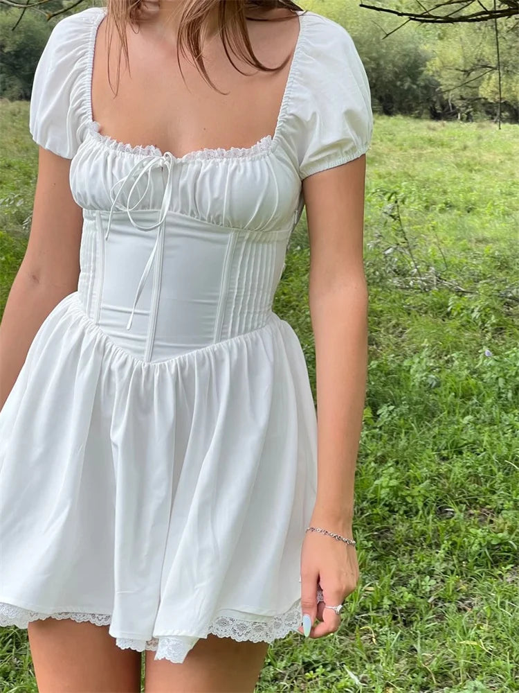 Square Neck Puff Sleeve Corset Waist Lace Trim Mini Dress