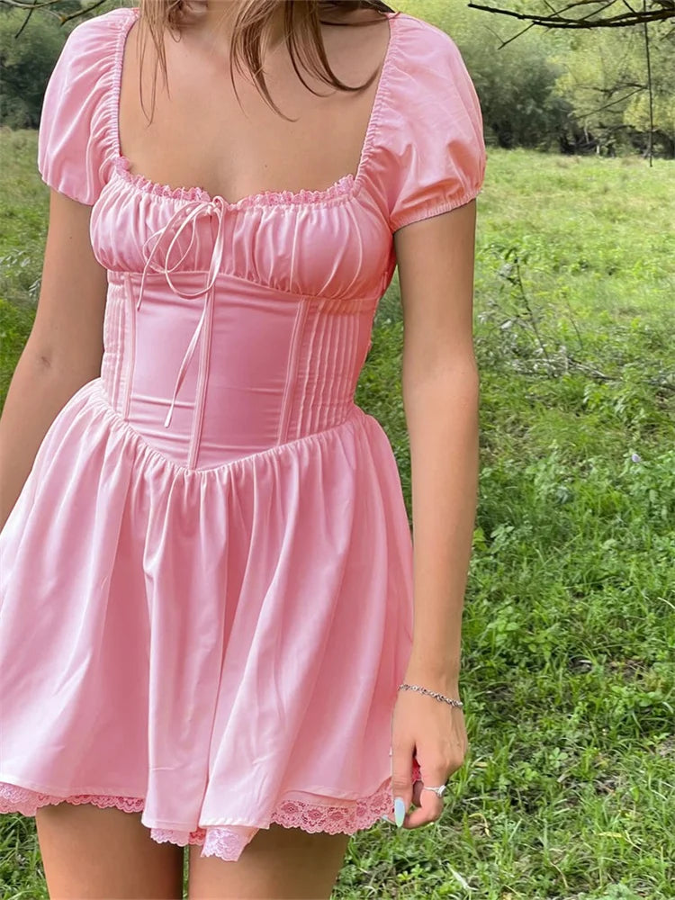 Square Neck Puff Sleeve Corset Waist Lace Trim Mini Dress 2