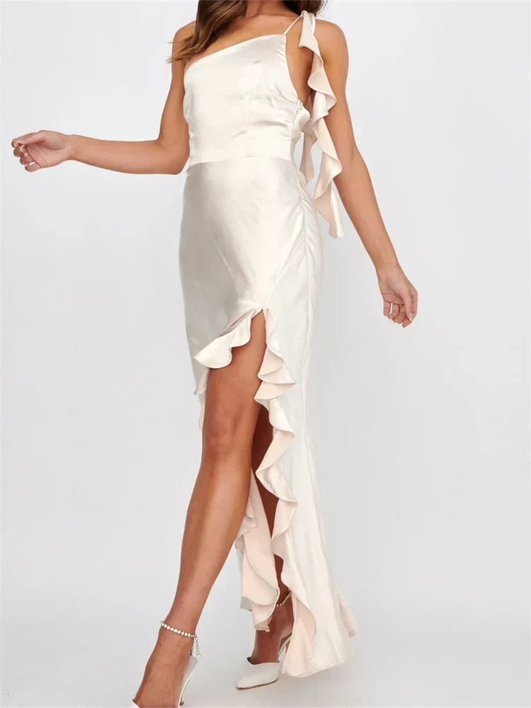 Women Summer Evening Sleeveless Strap Backless Off Shoulder High Split Ruffles Party Female Vestidos