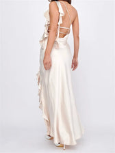 Women Summer Evening Sleeveless Strap Backless Off Shoulder High Split Ruffles Party Female Vestidos